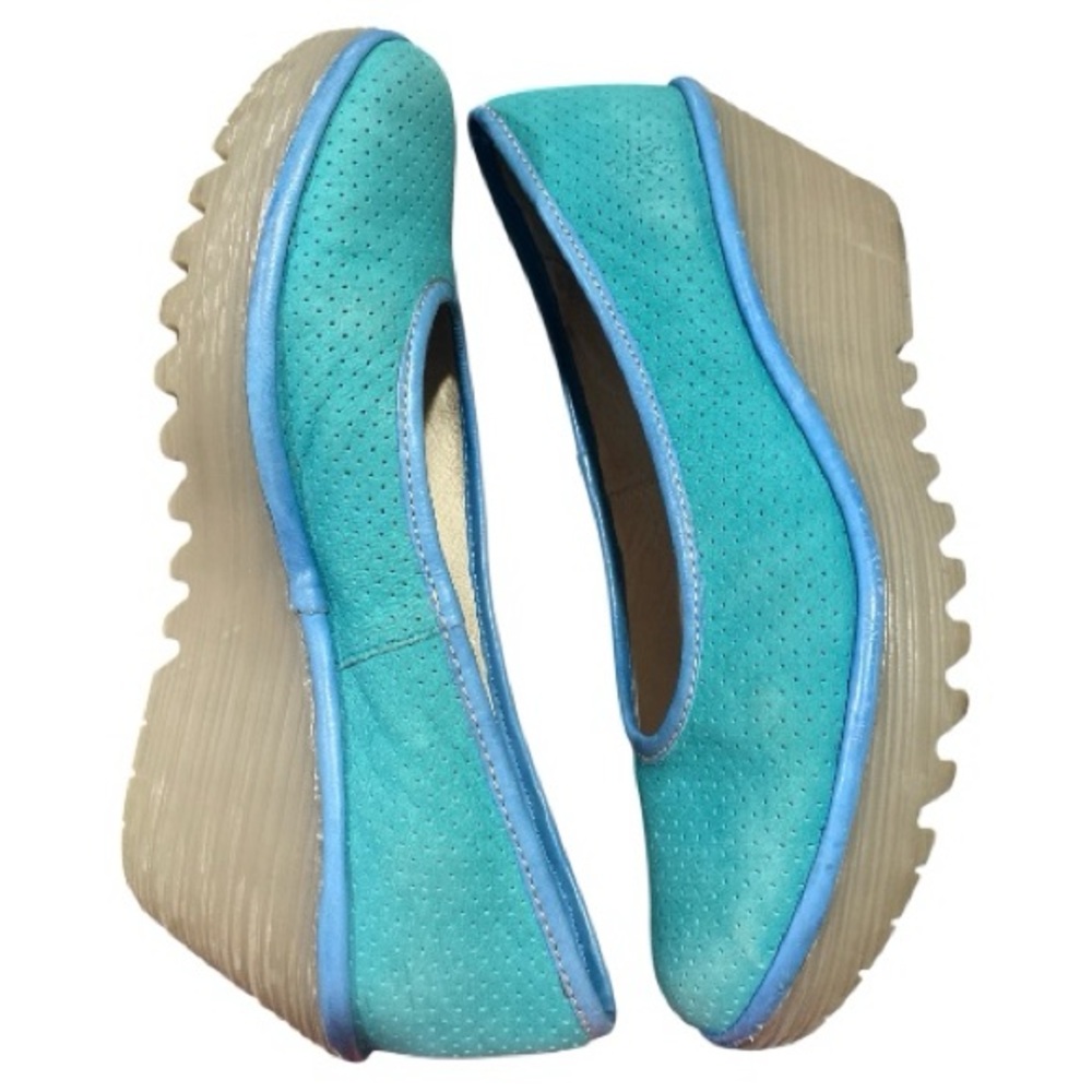 FLY LONDON Yoni Teal Suede Perforated Wedge Size 10-10.5 EU 41 Boho Vibrant